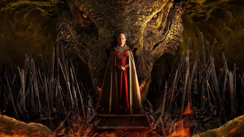 una mujer en un trono de espadas y detrás una cabeza de dragón. Nuevas series para disfrutar este otoño.